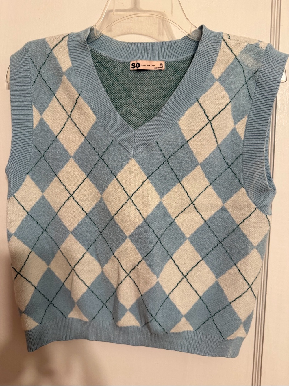 SO Blue and White Argyle V-Neck Sweater Vest